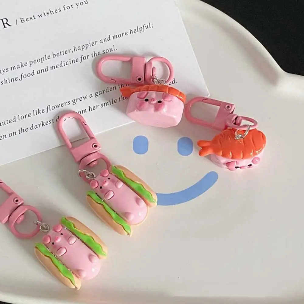 Gourmet Pink Pig Metal Keychain Pink Pig Small Hamburger Pig Animal Keyring Cute Cartoon Pig Food Keychain Mobile Pendant