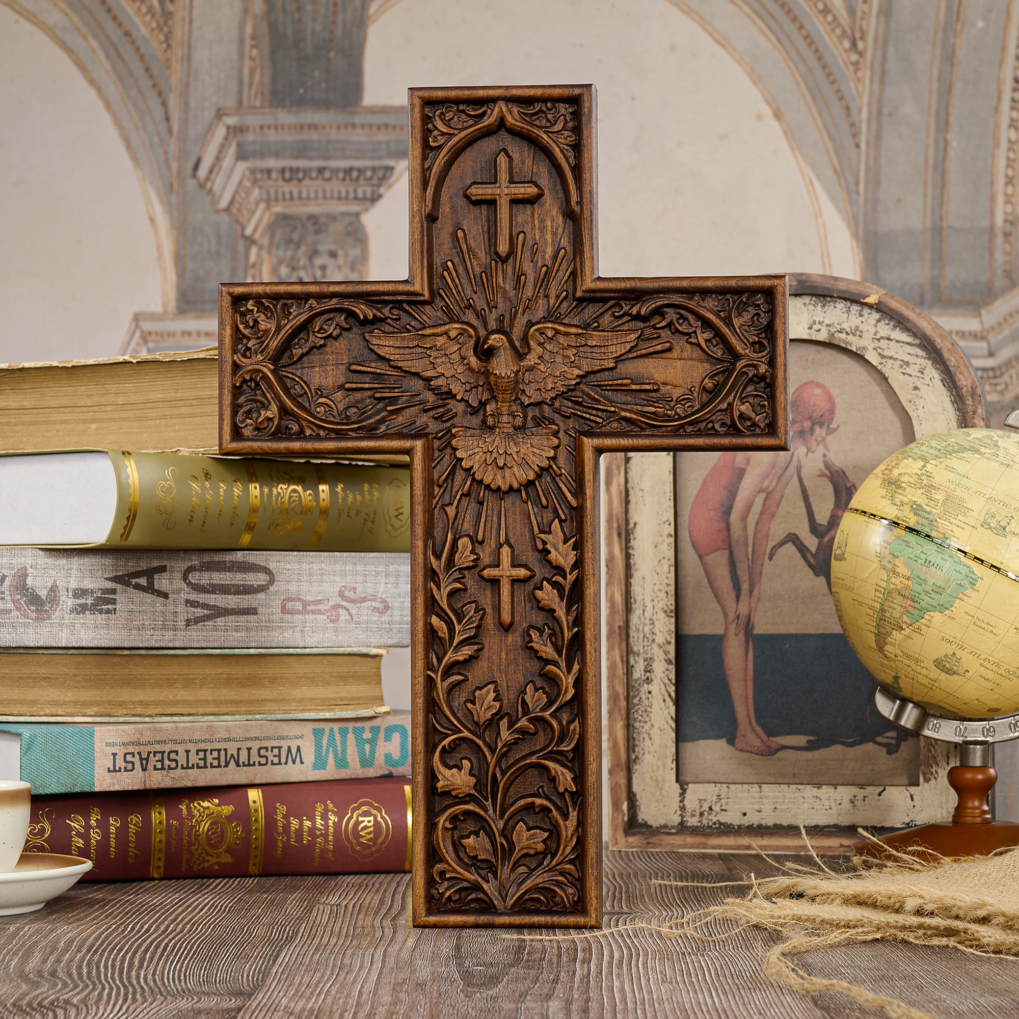 Wooden Holy Spirit Dove Wall Cross Hand Carved Relief Floral Pattern Religious Wall Plaque Catholic Christian Home Church Wall H