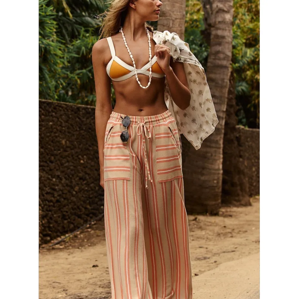 pantalones de muje rCasual pants Commuting pant sets Stripes брюки женские Drawstring pantalons Loose home clothing simple style