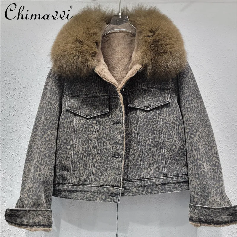 

Korean style Fashion Casual Denim Coat Big Fur Collar Leopard Printed Faux Lamb Wool Thick Jacket Women's Overcoats Winter 2025