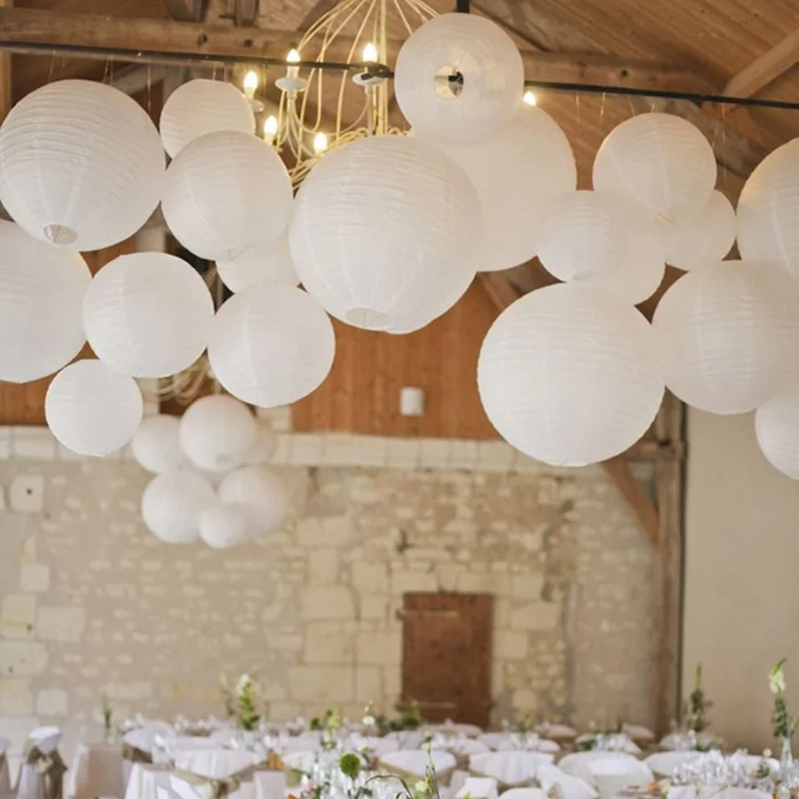 Lampion boule de papier chinois, 30 pièces/lot, 4 en-12 en effet, mélange de tailles, blanc, décoration de mariage, lanternes en papier, abat-jour,