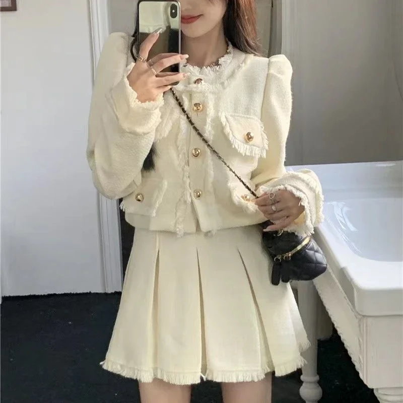 Vintage Cropped Blazers Mini Skirts 2pcs Set Koean Women Long Sleeved Jackets Tops with High Waist Pleated A-line Skirt Suits