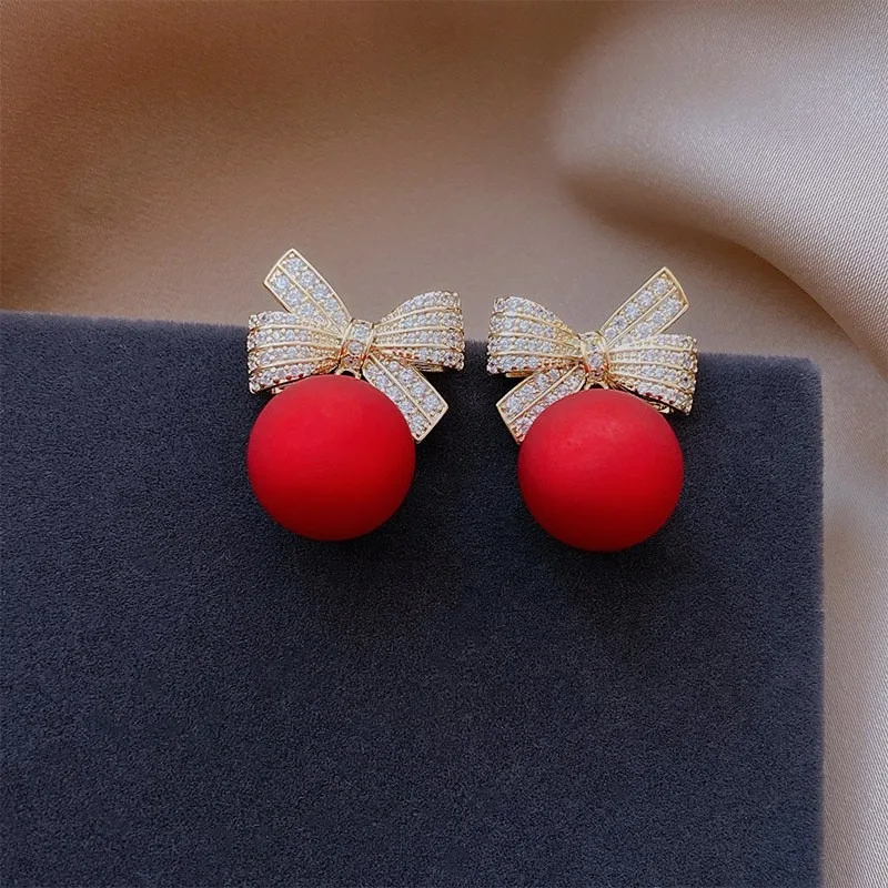 Pendientes de diamantes de imitación con incrustaciones de cuentas redondas con nudo de mariposa, pendientes de moda navideños para mujer