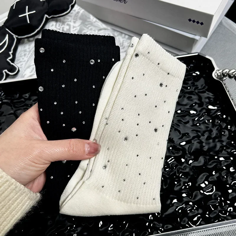 Bright Diamond Tide Socks Hot Diamond Luxury Rhinestone Medium Tube Women's Socks Four Seasons Fashion Cotton Hosiery