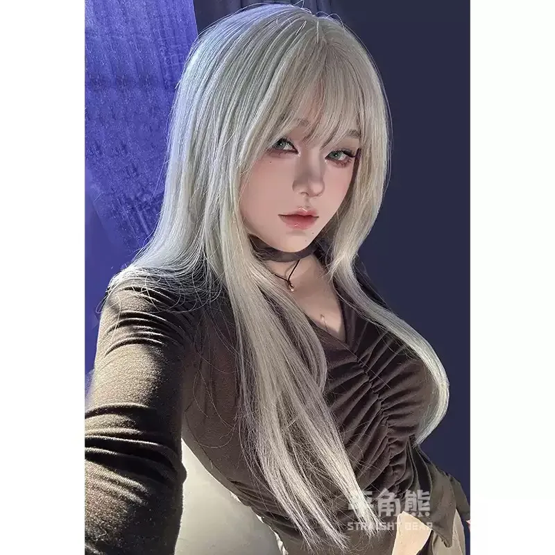 Synthetic Full‑Head Long Straight Wig,Milk‑Grey‑Green with Bangs,Fashion Cosplay Wig for Theme Party Role‑Play Evening Occasions