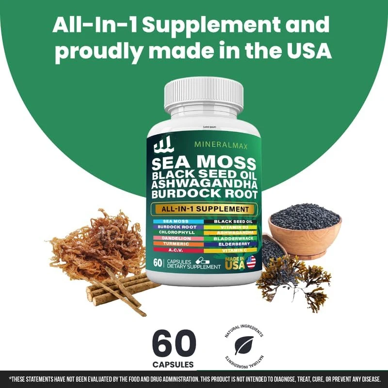 

Sea moss capsules contain black seed oil, burdock root, bladder, turmeric, and South African eggplant