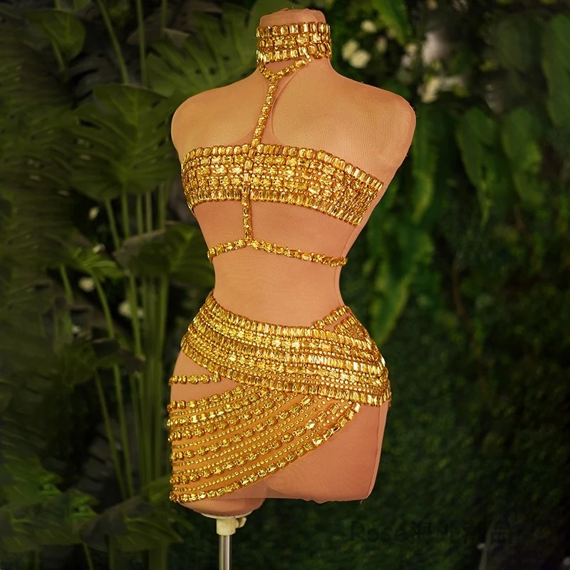 

New Shiny Gold Rhinestones Dress Sexy Perspective Pole Dance Dresses Women Gogo Costume Bar Nightclub Dj Ds Rave Outfit Dress