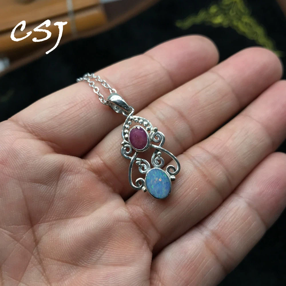 

CSJ Natural Australia Opal Pendants Sterling 925 Silver Ruby Necklace for Women Party Birthday Handmade Jewelry Gift