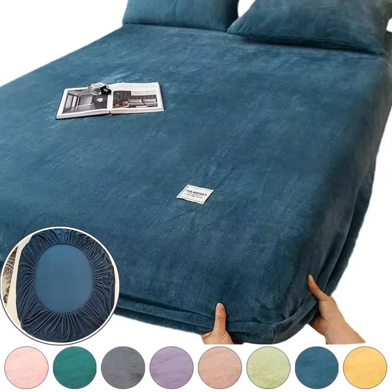 

Solid Stretch Velvet Fabric Fitted Sheet Soft Elastic Bedspread Mattress Cover Bed Linen Protector Fitted Sheet Winter Keep Warm