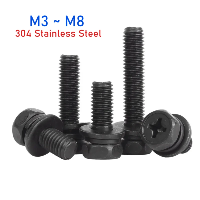 

M3 M4 M5 M6 M8 Black 304 Stainless Steel Cross Recessed External Hexagon Head Screw Spring Gasket Combination Screws Bolt