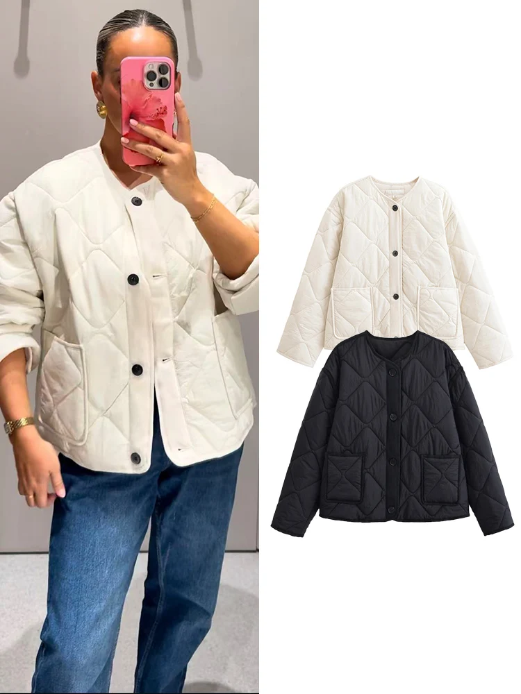 

Осенне-зимнее женское свободное пальто, повседневное стеганое пальто с круглым вырезом и длинными рукавами, хлопковая стеганая куртка, женское теплое пальто с карманами