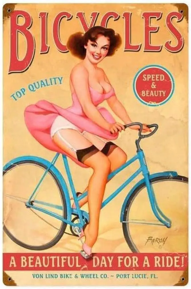 Vintage Tin Sign Pin Up Girl Bicycle Wall Decoration Poster Bar Restaurant Metal Tin Sign 12x8inch