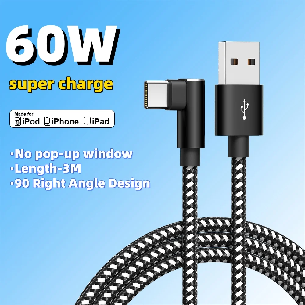  USB Type C Data Cord 90 Degree Fast Charge Aluminum Alloy Head USB Cable  For iPhone 17 Samsung Xiaomi Huawei Phone Charger