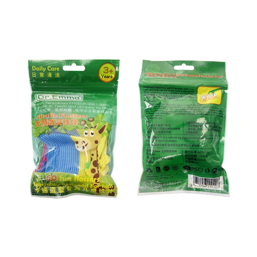 Palillo de hilo Dental desechable para niños, palito de hilo Dental de jirafa, palillos de dientes, Limpieza Profunda, cuidado bucal, 60 unids/lote por bolsa