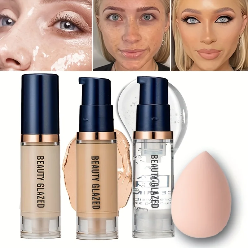BEAUTY GLAZED 3 ชิ้นชุดแต่งหน้า,Matte Long Lasting Waterproof Liquid Foundation + Primer +พัฟ