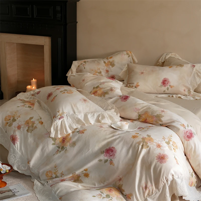 Flowers Print Lace Ruffles Princess Bedding Set 100% Cotton Double Yarn Soft Duvet Cover Bed Sheet/Fitted Sheet Pillowcases 4Pcs