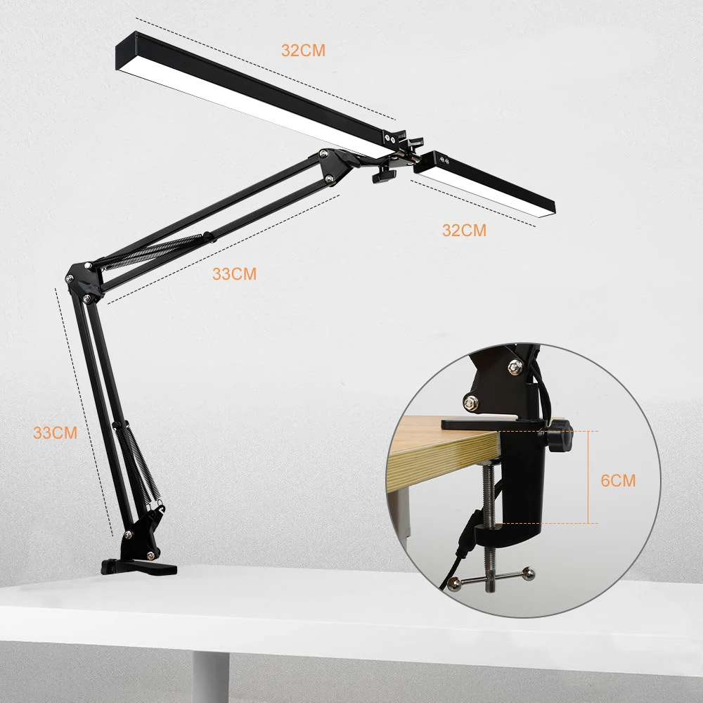 24W 160LEDs Task Lamp Reading Adjustable Eye-Caring Desk Light with Clamp Swing Arm Lamp for Home Office 360°Spin with Adapter