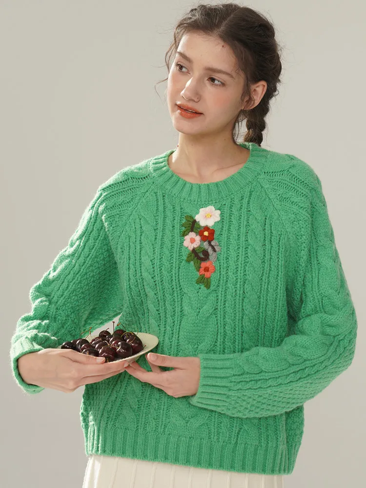 

104cm Bust FallWinter Green Cashmere Wool Pullovers Women Elegant Handmade Embroidery O-Neck Knitted Fried Dough Twists Sweaters