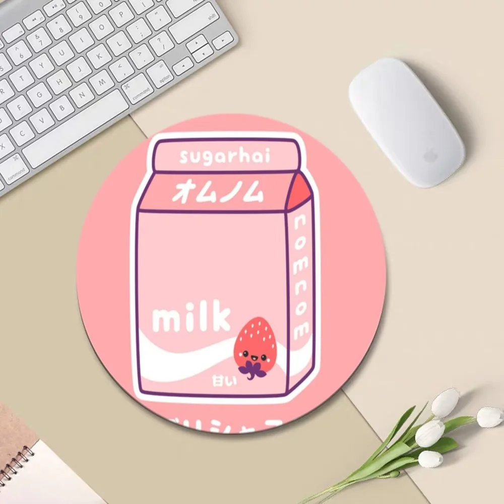 Kawaii Japanese Strawberry Milk Mousepad 20x20cm Round Desktop Desk Mat Kawaii Gaming Accessories Students Writing Pad Mouse Pad