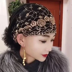 Tampas de turbante de renda feminina, gorro de malha respirável, chapéu muçulmano, touca de cabeça, senhora câncer, moda verão