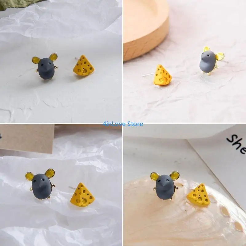 T4MD Asymmetry Mouse and Cheese Earrings Exquisite Craftsmanship Cartoon Ear Clips Earrings Delicate Mouse Earrings