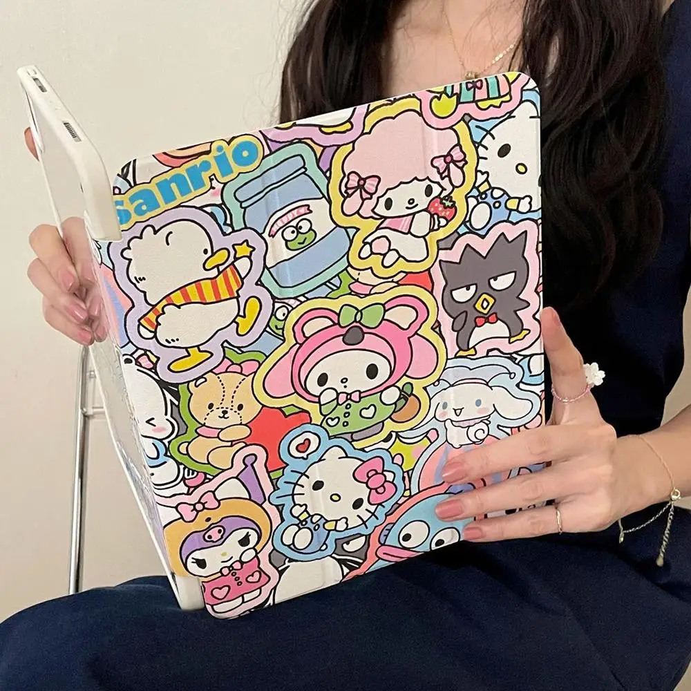 Kawaii Hello Kitty Pu Ipad Case Sanrios for Ipad Pro 2018 2020 2021 2022 12.9 Air3 Kt Cartoon Cover Anti-Fall Student Girl Gift