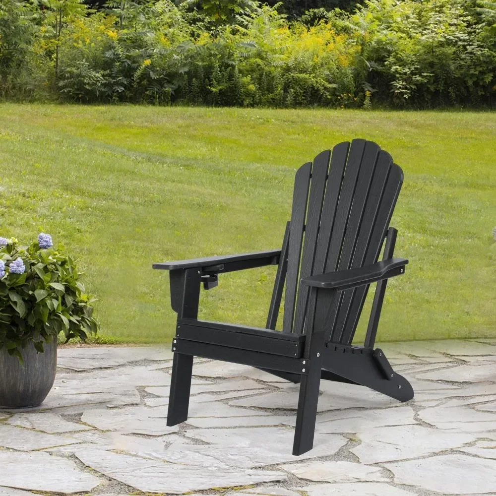 Folding Adirondack ,SGS Tested,Wooden Textured with Cup Holder,Widened Heavy All-Weather HDPE Comfortable