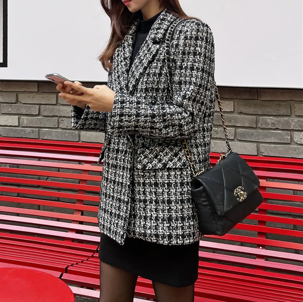 Plaid Thick Coat Mid Long Length Commuter with Long Sleeve Notched Lapel Pockets Casual Loose Fit Double Breasted Women Coat