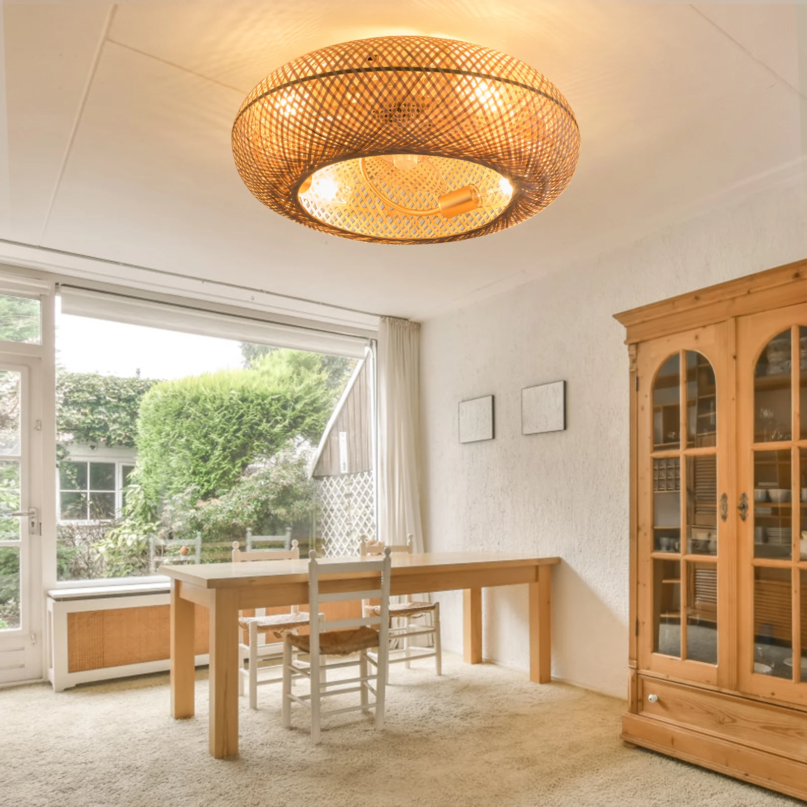 

6-скоростной потолочный вентилятор, плетеный абажур из ротанга, тихий и энергоэффективный, медный двигатель, идеальный домашний декор