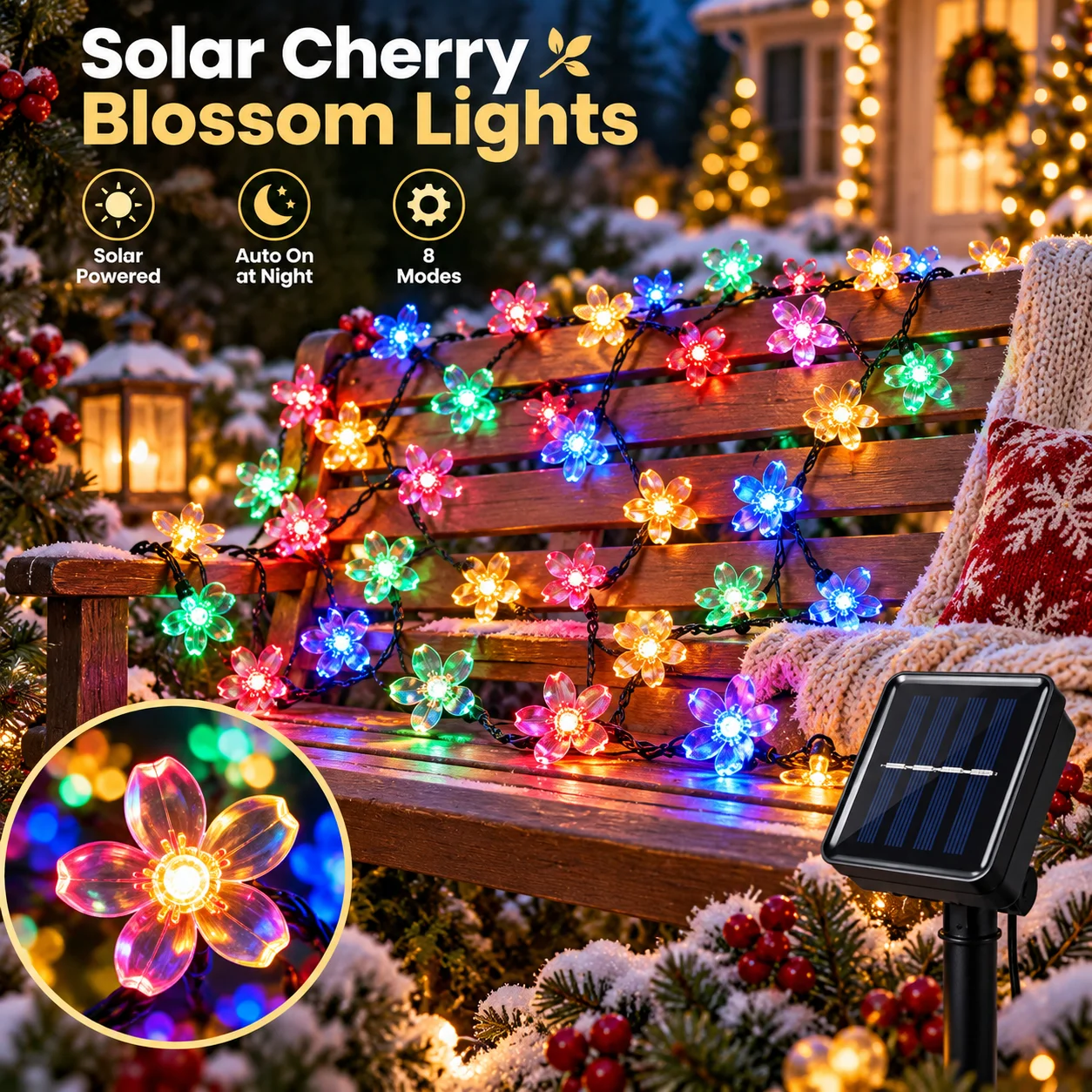 Christmas Lights Solar Cherry Blossom Flower String Lights 20/50/100/200LED 8 Modes Auto On for Tree Garden Patio Party Holiday