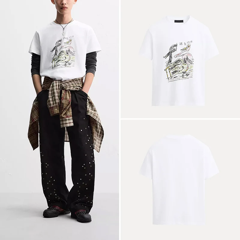 

Повседневная мужская футболка с принтом «Американская уличная футболка с животным узором, весна 2025, круглая футболка из полиэстера Ne ort Sve