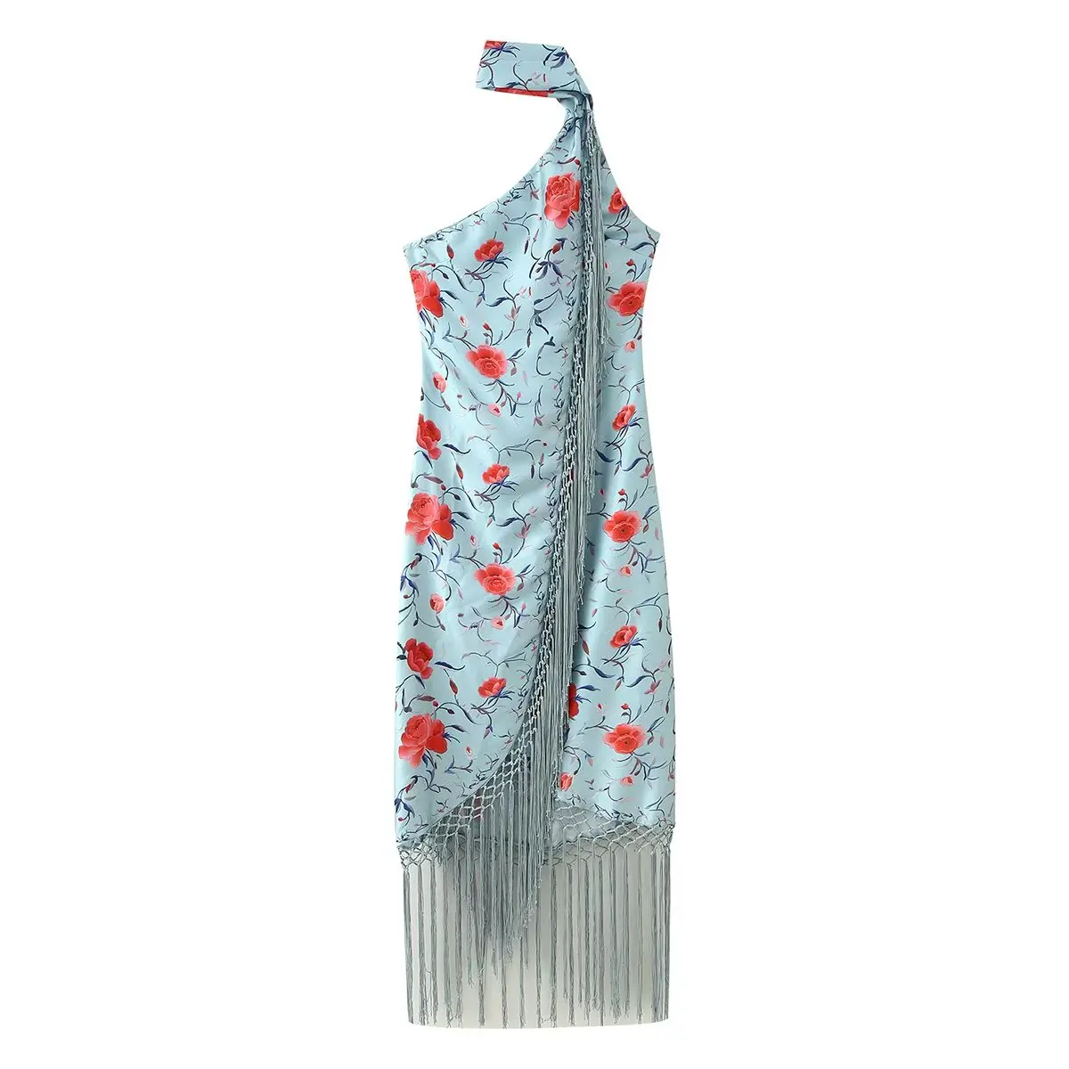 JNLEAOG Frühling Neue Faion Design frauen Dr Fringe Trim Gedruckt Lange Kleid Ne Hängen oulder Casual Leinen Polyester Faser