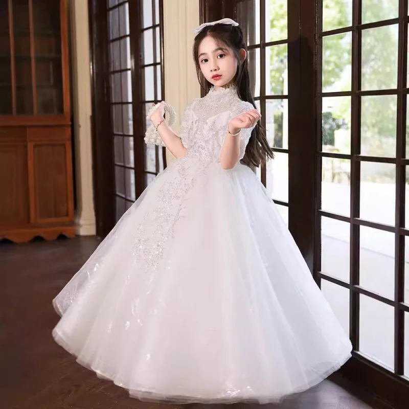 

2025 New Flower Wedding Little White Gauze Girl Princess Children's Piano Performance Dress Host