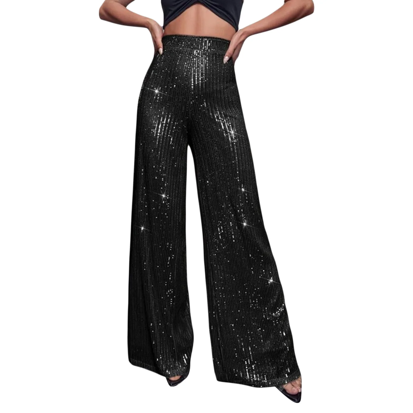New Fashion Women Wide Leg Pants, Elegant Shiny Sequined High Waist Loose Trousers for Club Party
