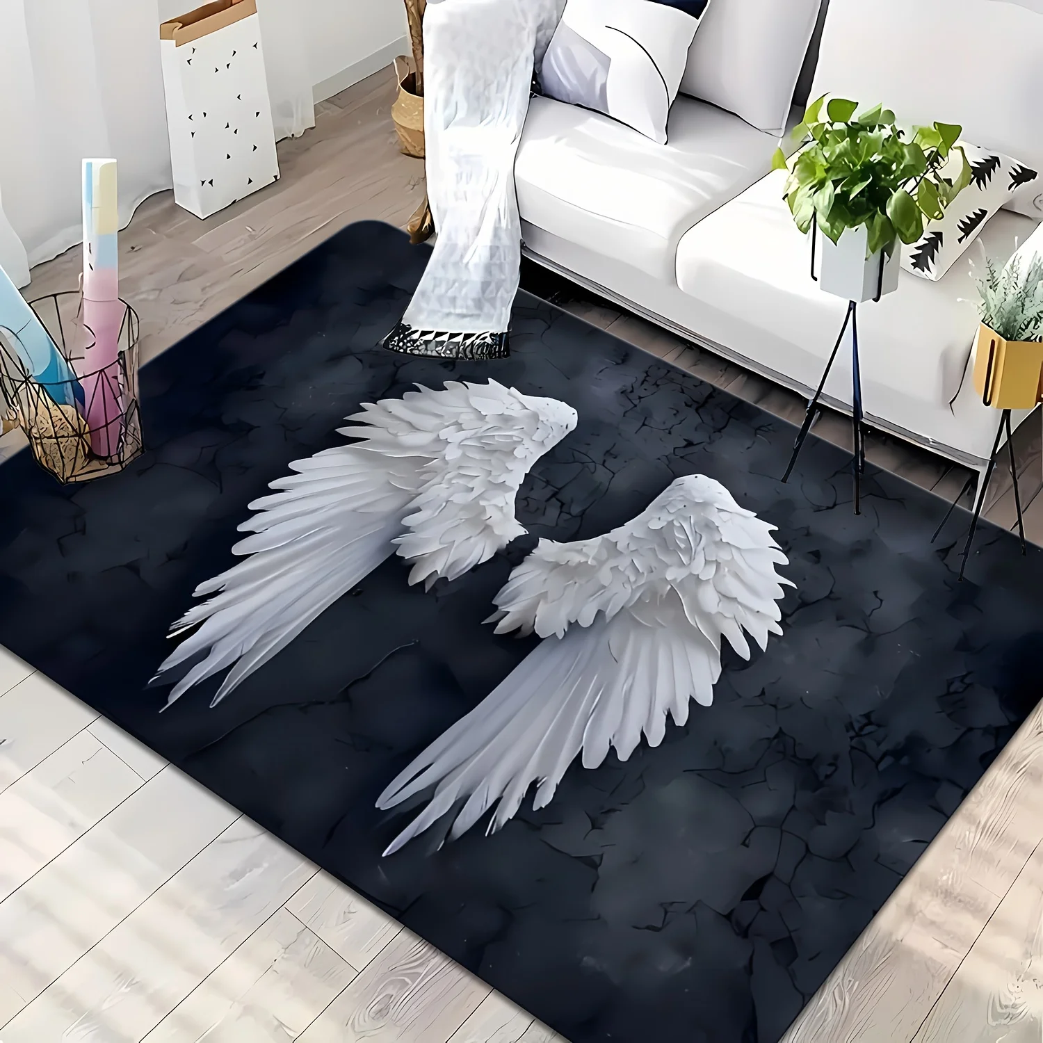 Large Dark Aesthetic Area Rug Angel Wing Decorative Mat Luxury Living Room Hallway Carpet Marble Design Modern Gothic Fantasy