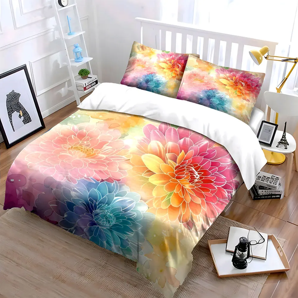 Watercolor Ombre Dahlia Bedding Set, Soft Pastel Marbled Floral Print Duvet Cover 2 Pillowcases Single Double King Queen, Gift