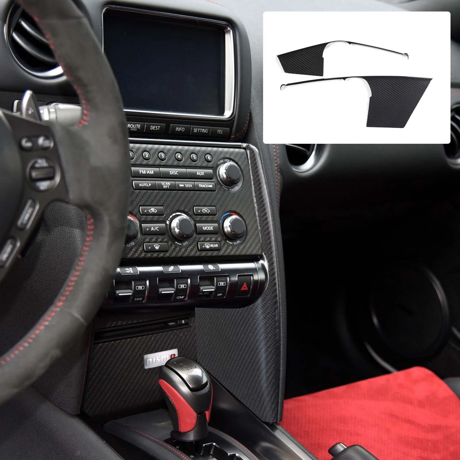2Pcs Real Carbon Fiber For Nissan GTR R35 2008-2016 Car Mode Button Side Multimedia Panel Cover Decorative Sticker Accessories