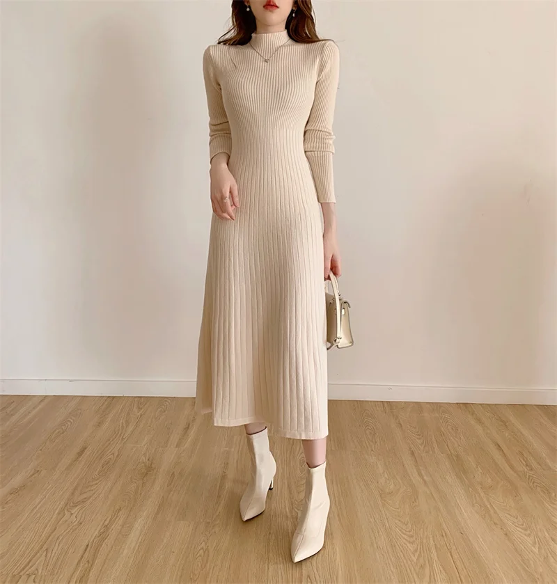 Autumn Winter 2024 Slim Long Sleeve Party Midi Dress for Women Knitted Half High Collar Elegant Knitted Sweater Dresses Ladies