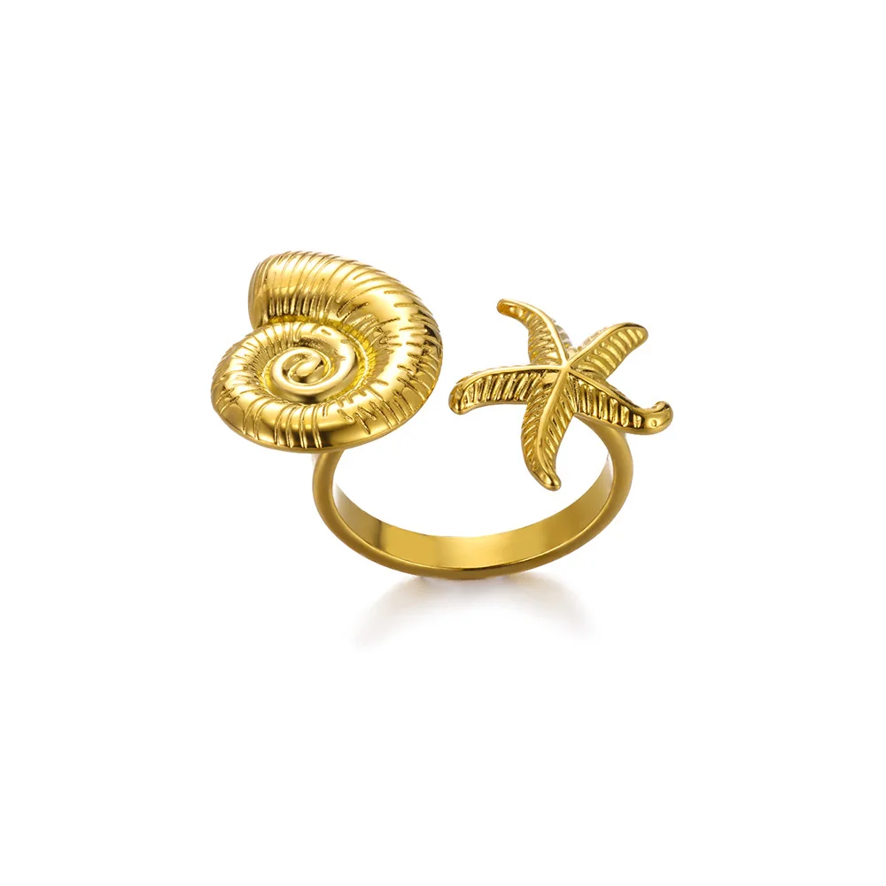 Stainless Steel Starfish Conch Open Rings Personality Shell Gold Color Rings Elegant Punk Vintage Jewelry Gifts For Women Bague