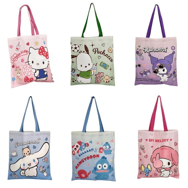 Kawaii Sanrio Canvas Bag Kuromi Hello kitty Cinnamoroll Women\'s Shoulder Bags Casual Large Capacity Shopping Bag