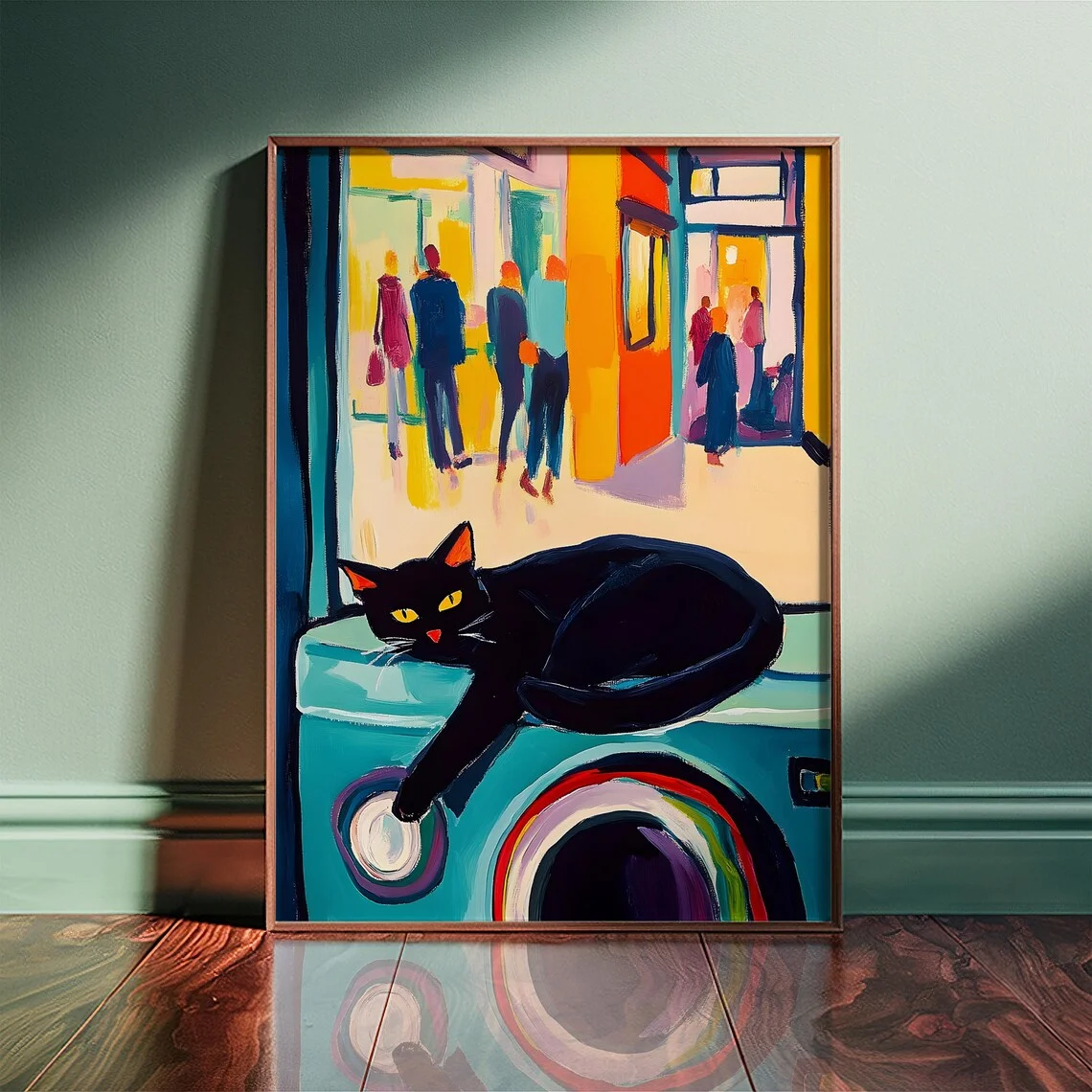 Wandkunstdruck „Abstrakter Fauvist-Stil: Schwarze Katze“ – Lebendige Stadtstraßenszene mit verspielter Katze auf Waschmaschine, kräftig, farbenfroh, modern