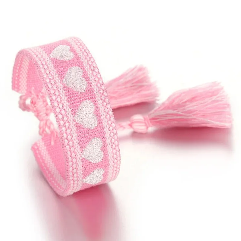 Love Letter Embroidery Webbing Red Color Five Little Hearts Artistic Creative Tassels Concert Ribbon Bracelet For Women