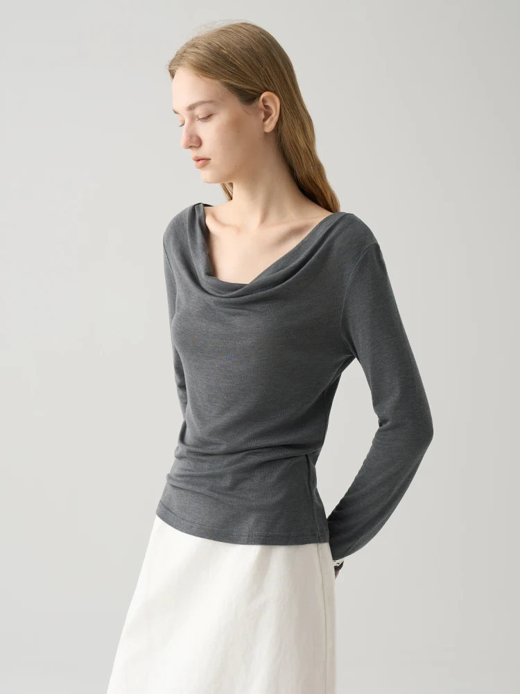 

Swing Collar Long Sleeved T-shirt Women Autumn Lyocell Wool Soft Slim Basic Bottoming Tops