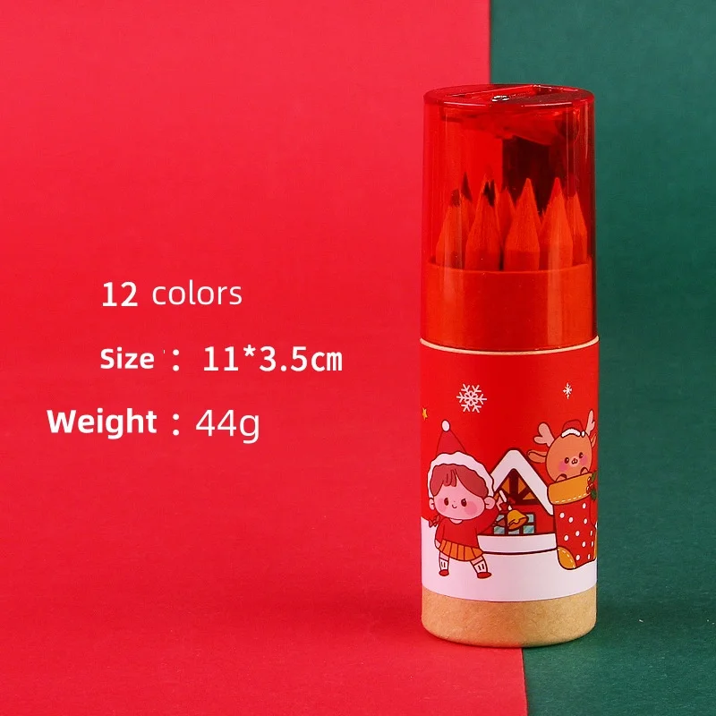12 Colors Barrel Cartoon Colored Pencils Set Elementary School Drawing Christmas Gift