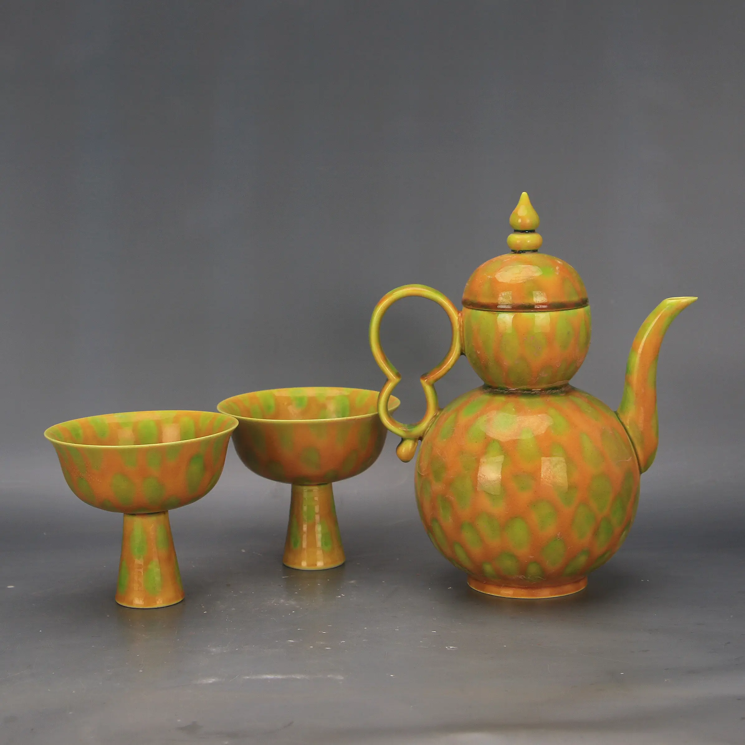 Antique Ming Hongzhi Style Yellow Glaze Speckled Star Teapot Set with Two Cups Chinese Porcelain Home Decor Collectible