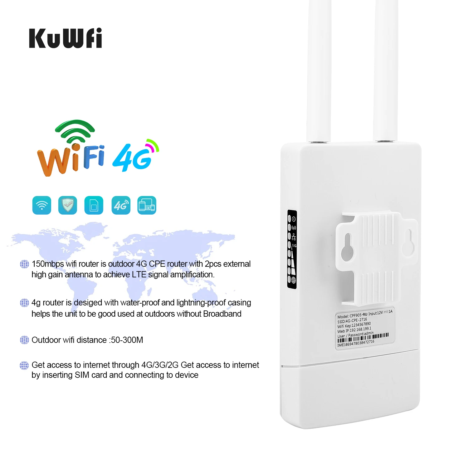 Imagem -06 - Kuwfi-roteador sem Fio para Todas as Condições Meteorológicas Extensor de Reforço ao ar Livre para Camer ip Impermeável e Exterior Wi-fi Cat4 Lte 150mbps