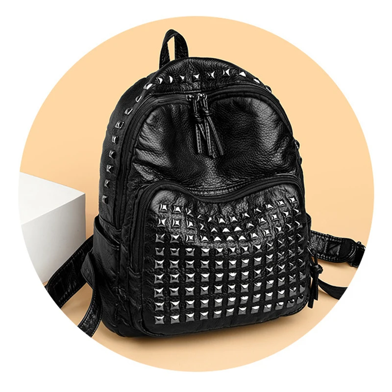 SHELKSBAG الشرير القوطية بولي Leather الجلود المسامير سعة كبيرة حقيبة الظهر السوداء المرأة أنيقة حقيبة السفر العصرية فتاة حقيبة مدرسية فاخرة #1