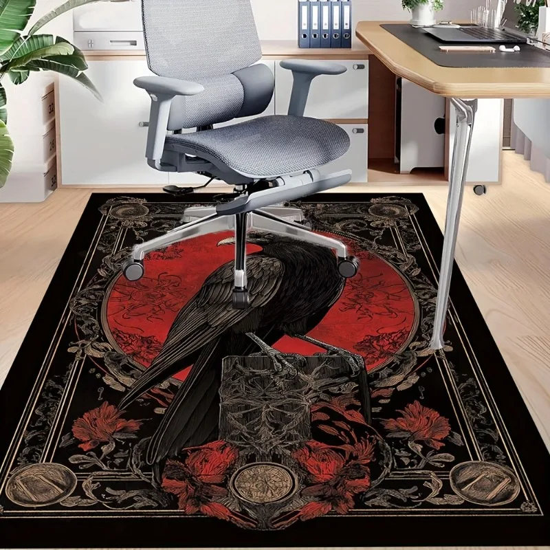 Luxuriöser, von Gothic inspirierter schwarzer Rabe, rote Blumen, Wohnzimmer, Schlafzimmer oder Büro, Schlafzimmer-Akzentteppich, künstlerisches Teppichdesign