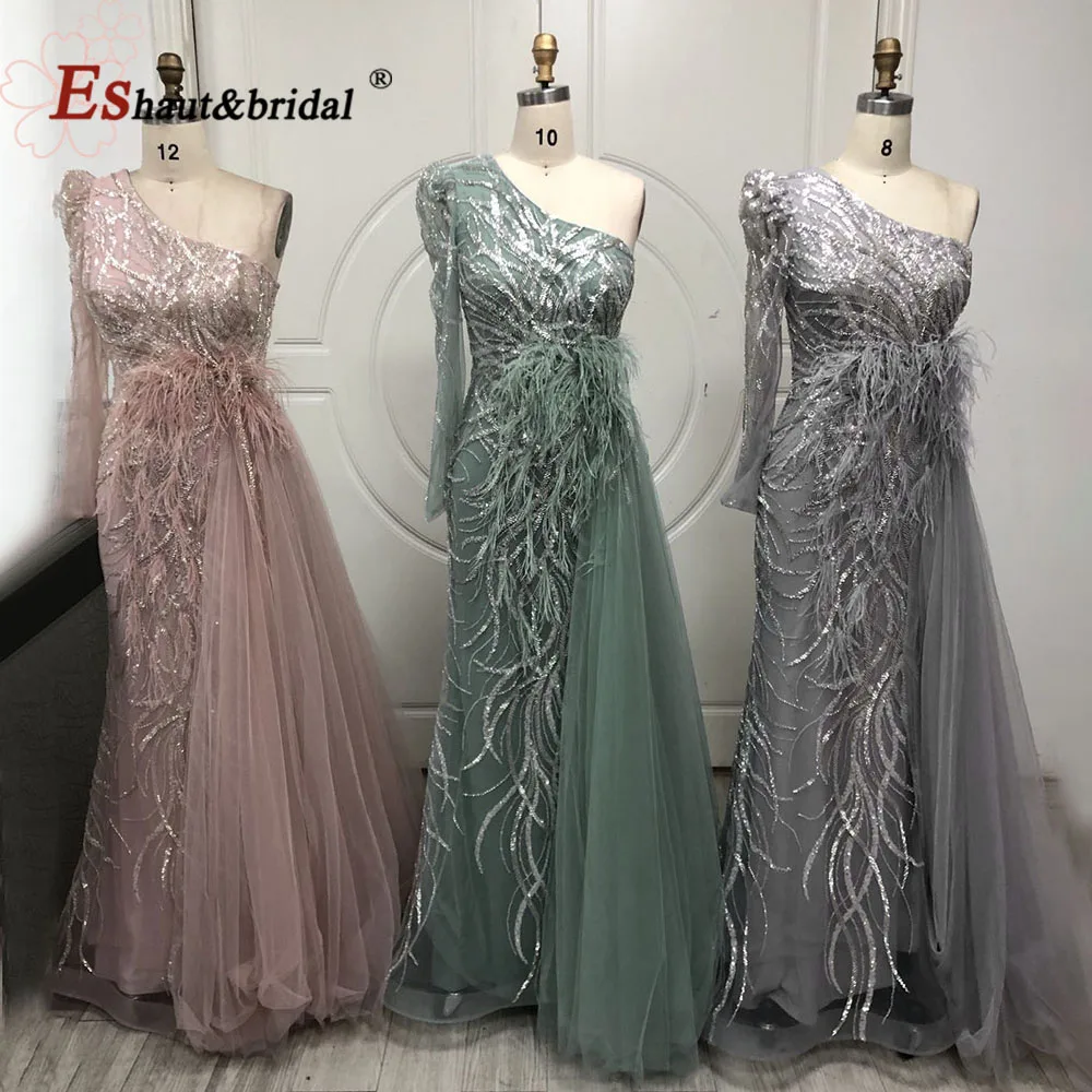 Vestido de noche elegante de plumas de sirena para mujer, vestidos formales de fiesta de boda con un hombro y mangas largas, personalizados, 2024