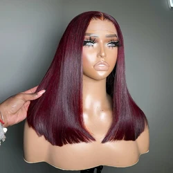 Perruque Bob Lace Front Wig naturelle lisse, cheveux courts, brun bordeaux, 13x4, document # 99J, pour femmes